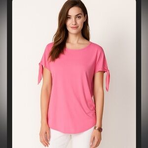 Pink bow 100 % Silk La Roque Original blouse Top casual classic fall boho